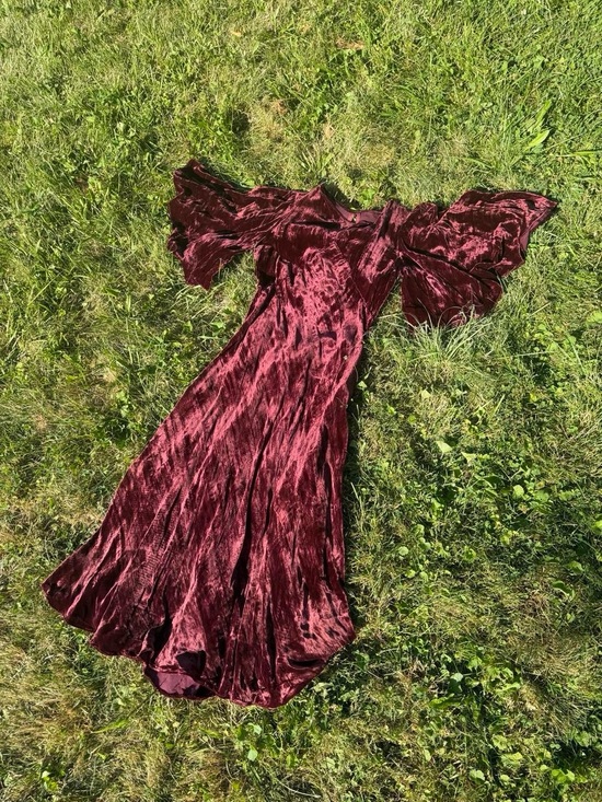 Vintage Dresses & Skirts - SOLD 30s VINTAGE Textured Velvet Burgundy Maxi Dress with Flutter Sleeves
